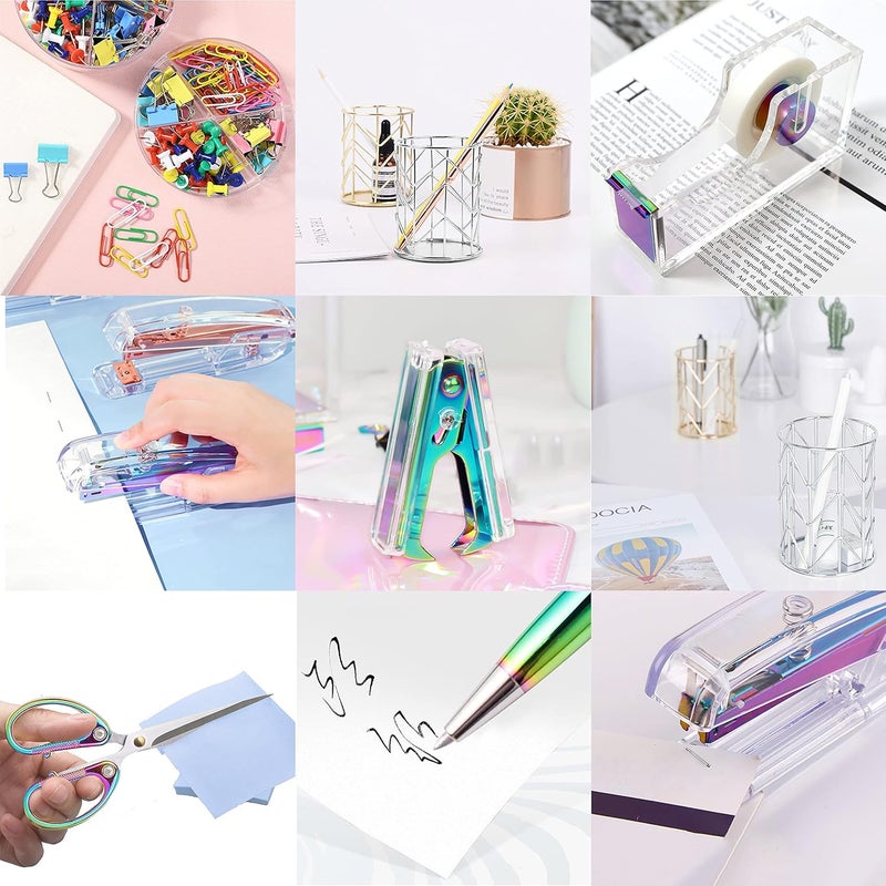 Famassi Dream Color Acrylic Stapler and Tape Dispenser Set, Office Supplies with Tape Dispenser, Stapler Remover, 2 Ballpoint Pen, Scissor, Binder Clips, Paper Clips and 1000pcs Staples - Image 5